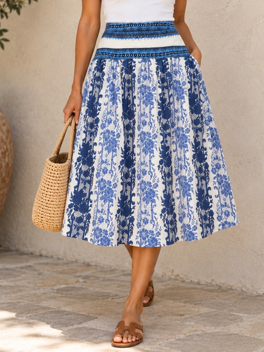 NWT Tuckernuck Blue & White Floral Cotton Midi Skirt - Size Medium